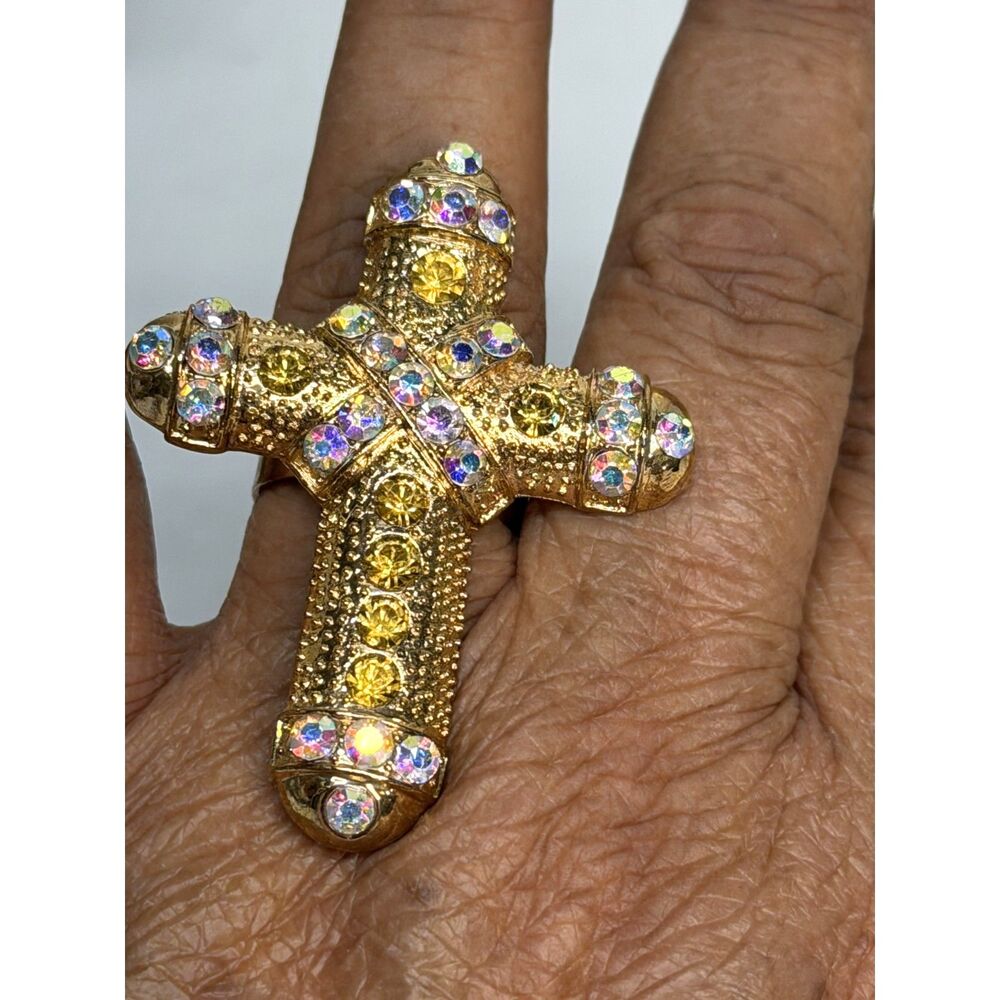 Vintage Adj Ring Aurora Borealis Cross Ring 2"